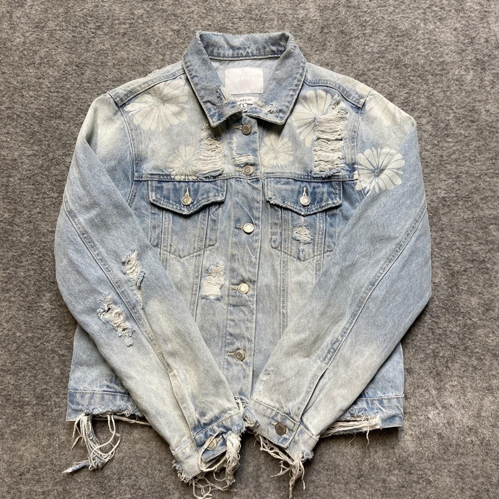 Vervet Women's Jacket Large Denim Distressed Flowers